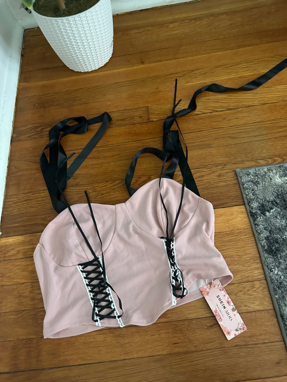 Blush Pink Bustier Crop Top with Black Ribbon Straps